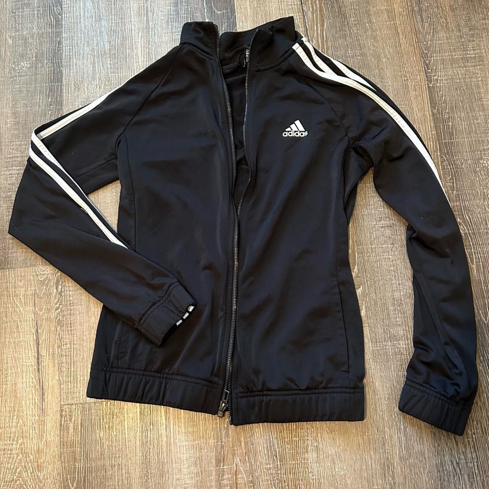 Adidas Women's Black Bomber Jacket with White Stripes